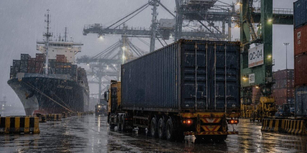 Heavy monsoon rainfall affecting container operations at Chattogram Port in July 2026