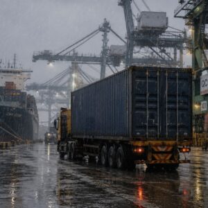 Heavy monsoon rainfall affecting container operations at Chattogram Port in July 2026