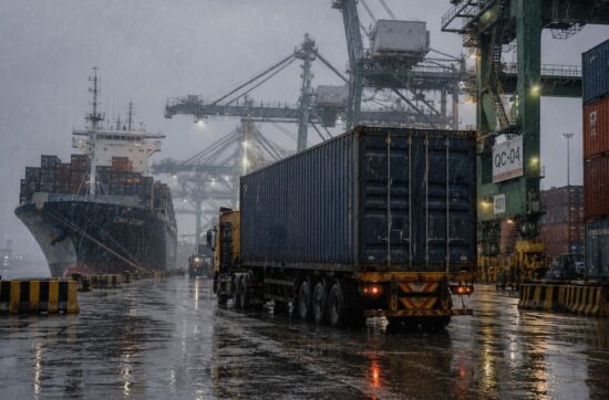 Heavy monsoon rainfall affecting container operations at Chattogram Port in July 2026
