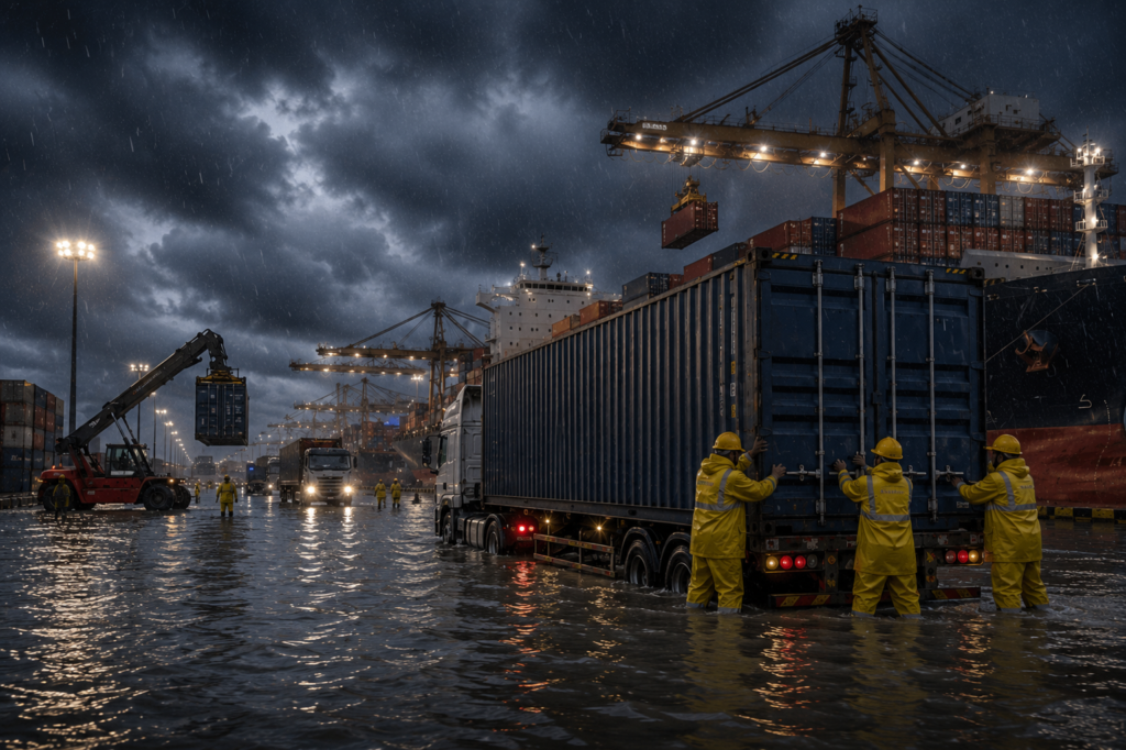 Flooded road near Chattogram Port affecting cargo transportation during heavy rainfall in Bangladesh.