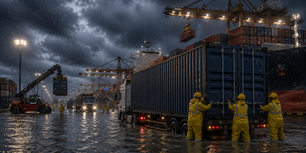 Flooded road near Chattogram Port affecting cargo transportation during heavy rainfall in Bangladesh.