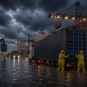 Flooded road near Chattogram Port affecting cargo transportation during heavy rainfall in Bangladesh.