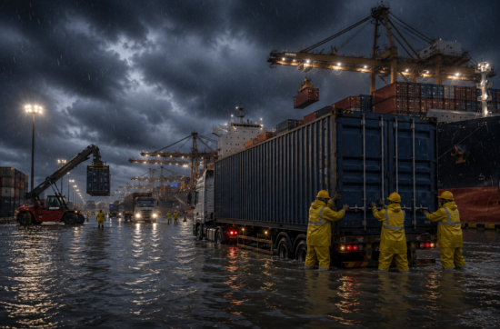 Flooded road near Chattogram Port affecting cargo transportation during heavy rainfall in Bangladesh.