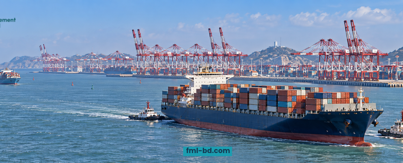 Container ship assisted by tugboats near a terminal with cargo cranes, with FML branding.
