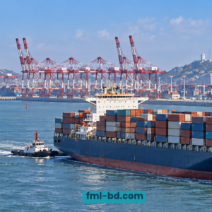 Container ship assisted by tugboats near a terminal with cargo cranes, with FML branding.
