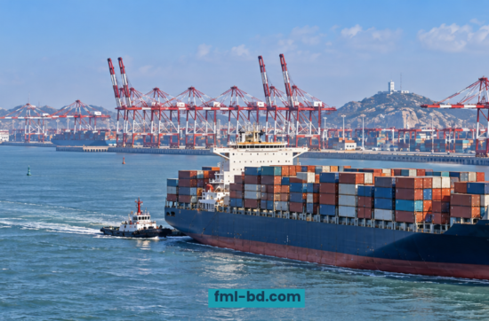 Container ship assisted by tugboats near a terminal with cargo cranes, with FML branding.