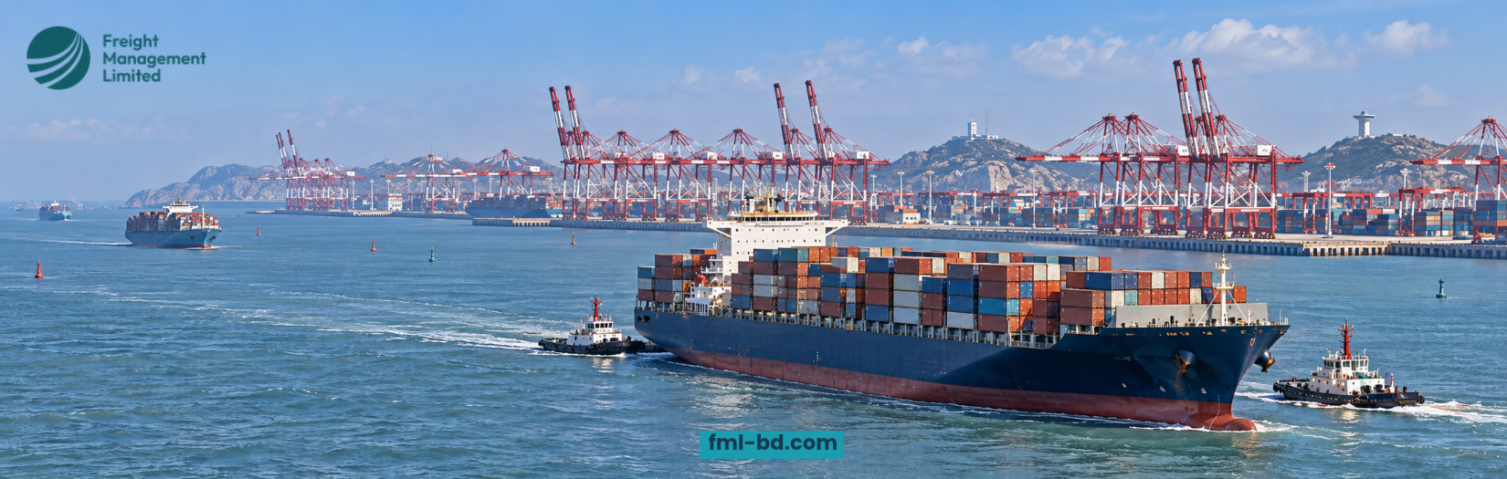 Container ship assisted by tugboats near a terminal with cargo cranes, with FML branding.